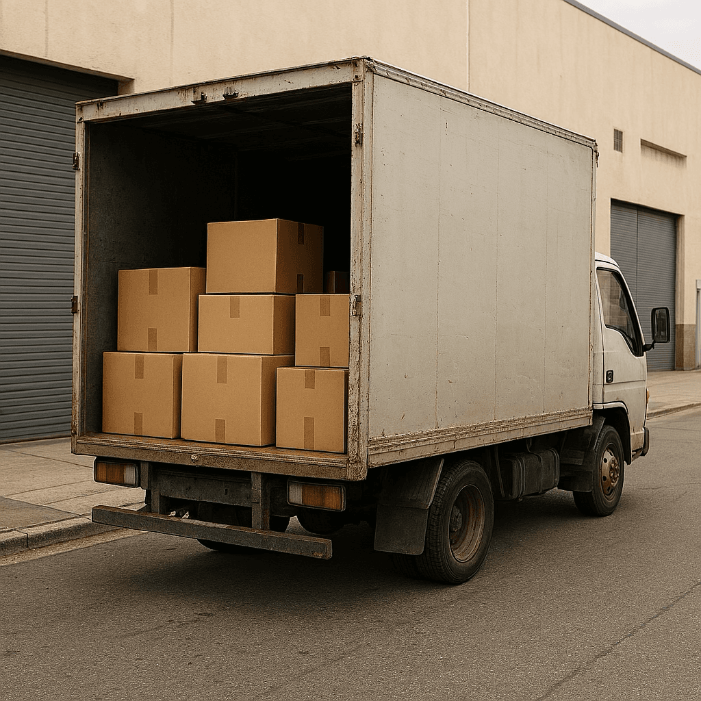 H&A Pacific Express box truck loaded with cargo, rear view